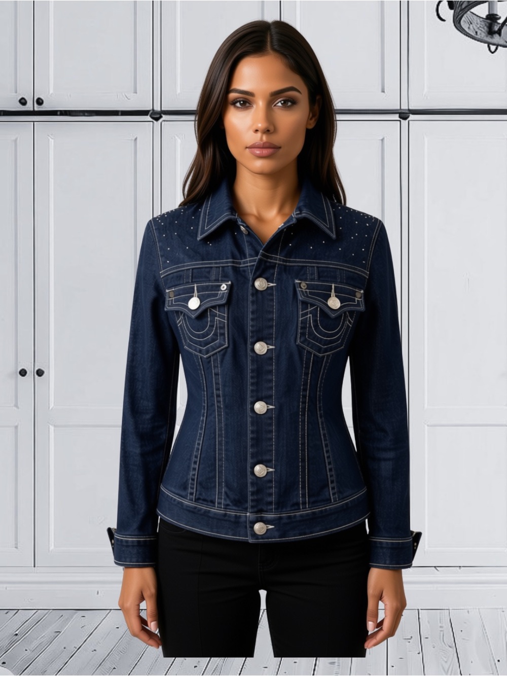 🔥 True Religion Crystal Sunburst Embellished Denim Trucker Jacket Sz Small 🔥